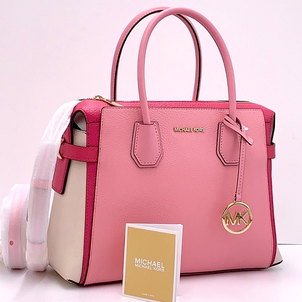 MICHAEL KORS Mercer Md Top ZipColor-Block Belted Satchel Crossbody Purse El Pink - Picture 1 of 16